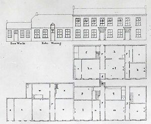Vooraanzicht en plattegrond van het ‘oude paleis’ in Tilburg. Fragment uit de toe- lichting bij de overlijdensprent van H.F.C. ten Kate. (Coll. Atlas van Stolk, Rotterdam, inv. nr. 7471)