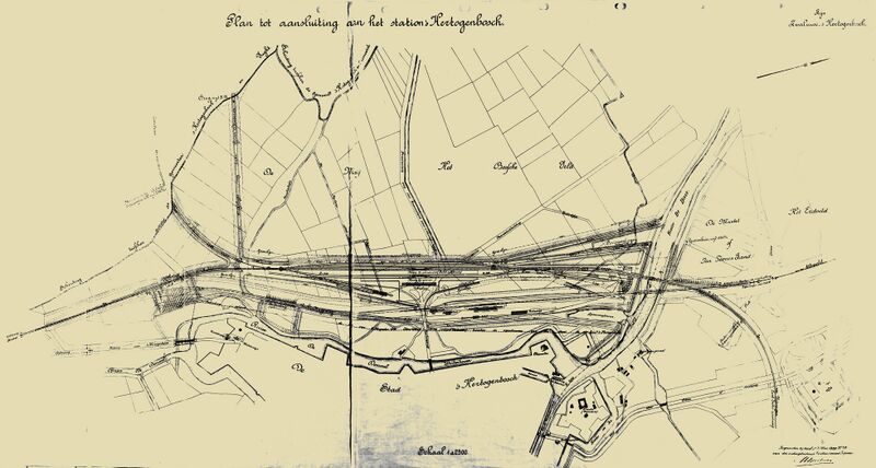 Plan tot aansluiting aan het station 's-Hertogenbosch - Ingezonden bij brief dd 3 mei 1889. Deze tekening beslaat hetzelfde gebied als de bovenstaande tekening.