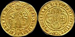 Nederland, Arnoldusgulden VZ lijkt centraal een wapenschild, met daarvan links, boven, beneden en rechts ook een schildje. Rechts met een kruis erin, de andere niet goed te zien KZ blanco 14,13 mm, 14,53 mm, 1,56 mm dik 1,75 gram een wapenschild rechts zie ik wel op de goudguldens, maar die wegen 3.50 gram (is dit voor een halve goudgulden?) de eerste afbeelding is van een Goudgulden Frederik van Blankenheim (1393-1423) Utrecht, maar in het boek van Pol staan geen gewichtjes die hierop lijken. Alernatief is een Duits gewichtje, graafschap Pfalz - Ludwig IV lijkt hierop (MPO mei 2002, nummer 1195) Coinwate: In geen geval is het voor een duitse munt."Als je het beeld verglijkd met 3 munten, kom je tot het resultaat: (1) Het is niet de Fredericus-Gulden van Frederik van Blankenheim, massa 3.15. (2) Het is ook niet de Beiersgulden, ook met een adelaar in de midden van het schild, massa 3.15g. (3) Het is de Arnoldusgulden met 2 klimmende leeuwtjes in de midden op het schild, massa 2.65 g. He Arnout, je eigen gulden!!! Deze 3 munten waren Nederlandse nabotsingen van duitse gulden, maar niet het rechte goud inhoud en niet de rechte massa. Maar het beeld!! Arnoldusguldens worden in 1423-ca 1435 geslagen. Nog in 1499 toegelaten (Het Munttarief van december 1499) met 92 stuks in het mark. Niet in de Noord-Nederlandse beeldenaer en figuerboeck van 4 augustus 1586. Niet meer toegelaten."