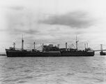The MV Sloterdyk, a Dutch cargo ship (Holland America Line) serving as a U.S. troopship during World War II, at anchor in San Francisco Bay, California.