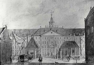 Het Oostindisch-magazijn, omstreeks 1770, door Hermanus Petrus Schouten. (Gemeentearchief Amsterdam)