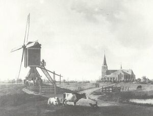 Tekening van Cornelis van Cuylenburgh - Raamsdonk met molen en de Lambertuskerk