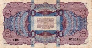 Bankbiljet groot 10 gulden. Lieftinck Tientje 7 mei 1945 Afmeting70x132mm