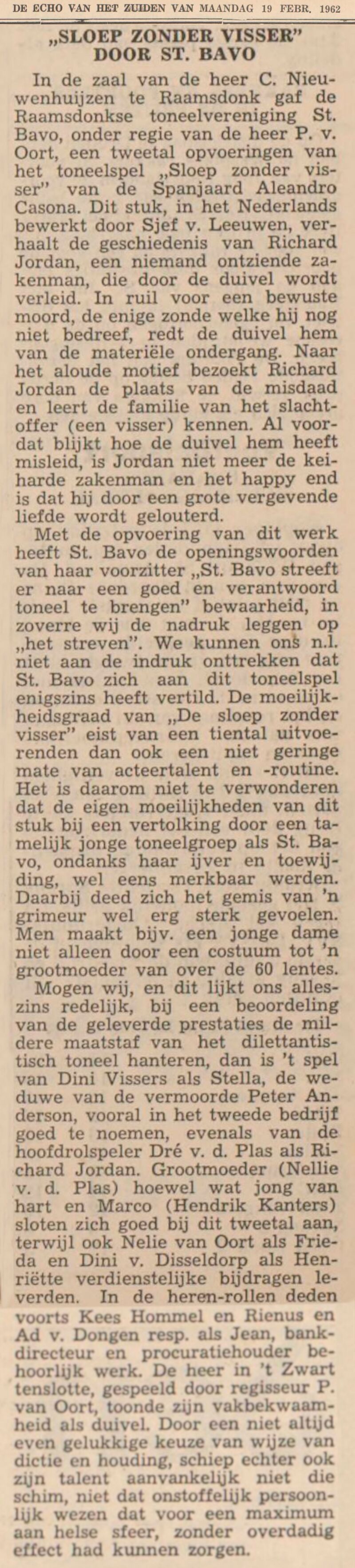 Uitvoering "Sloep zonder visser" van toneelvereniging Sint Bavo te Raamsdonk - Echo van het Zuiden 19 februari 1962