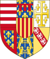 Wapen van René van Anjou vanaf 1443: Het wapen van Aragon werd toegevoegd op een schildje in het midden