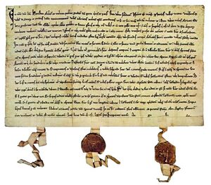 De Zwitserse Bundesbrief van 1291, een oorkonde die oorspronkelijk voorzien was van drie zegels, waarvan nu nog twee resteren