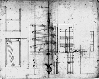 Raamsdonk, St.-Bavokerk. Tekening van F.C. Smits (I) van de balgenstoel. Pen-potlood, 387x503 mm. (Smits Archief, B3P1a).