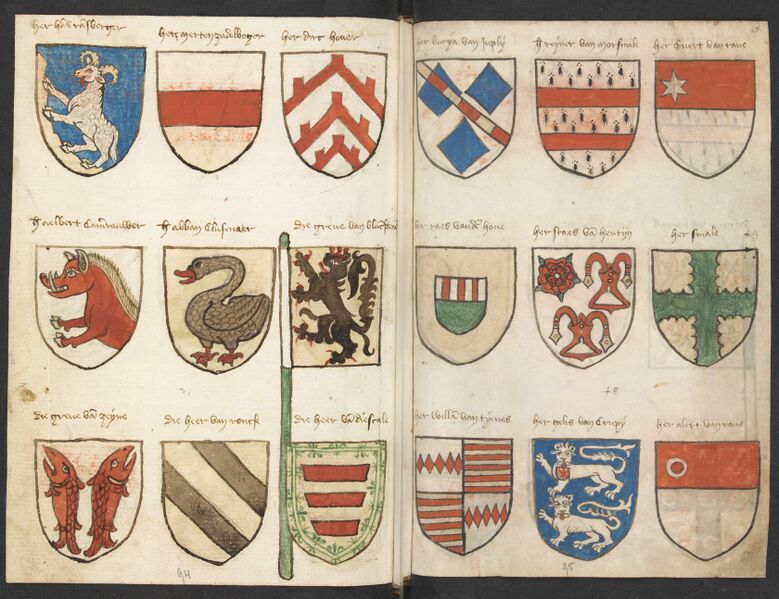 Bestand:Wapenboek Beyeren (armorial) - KB79K21 - folios 047v (left) and 048r (right).jpg