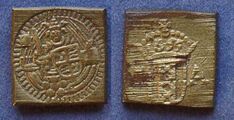I A Jan Adriaansz van Keulen of Amsterdam, Half Rose Noble, ship with rose on hull king holding sword and shield rev. I A crowned shield (3 X) of Amsterdam square 15.5mm. 3.83gm. Maker active 1625-83
