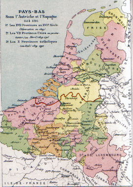 Kaart van de Zeventien Provinciën met in rood de lijn van de scheiding tussen de Noordelijke en de Zuidelijke Nederlanden in 1648