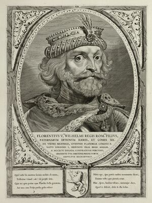 Portret van Floris V, graaf van Holland en Zeeland, met een met veren, edelstenen en parels verfraaide hoofddeksel. De omlijsting is versierd met het wapen van Holland. NL-HlmNHA 1477 53012912.jpg
