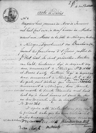 Overlijdensakte Burgerlijke Stand Nijmegen van 1 januari 1811. Bron: FamilySearch