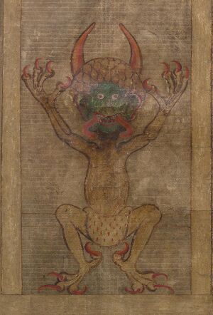 Devil's portrait, Herman the Recluse, Codex Gigas, Benedictine monastery of Podlažice, early 13th century.jpg