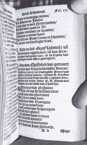 Begin van de oudst overgeleverde complete Nederlandse tekst van het Wilhelmus uit 1577-1578. Foto: BN, Parijs.