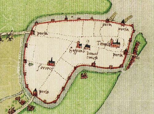 Afb. 2. Plattegrond van Geertruidenberg omstreeks 1547 naar de kaart van Jacob van Deventer. In de knik van de stadsmuur is het kasteel weergegeven. Bovenzijde is het noorden. Plattegrond collectie auteur.