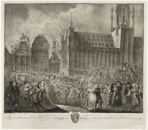 Mensenmassa op de Grote Markt te Brussel, 1787 Representation de la Soule du Peupl dans la Grande Place a Bruxelles, lors de l'assemblee des Etats du Brabant la 9 Mai 1787 (titel op object), RP-P-OB-85.656.jpg