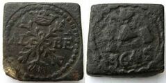 Een nederlands muntgewichtje voor 2 Albertijn, 1600-1610 Vz: Blokbeeldenaar voor 2 Albertijn (Pol: blokbeeldenaar 181). ALBE Albertus