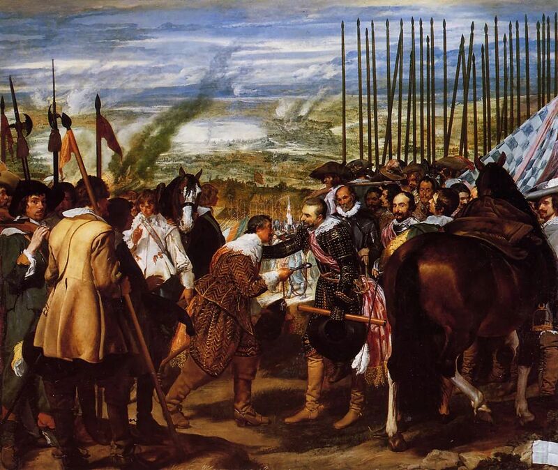 De overgave van Breda", Diego Velázquez, 1634. Het origineel hangt in het Prado Museum in Madrid, een kopie in het stadshuis van Breda