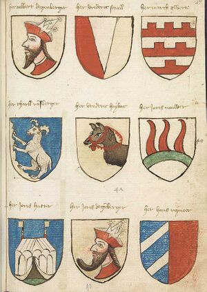 Pagina uit het Wapenboek Beyeren met de tekeningen van 9 wapens. De wapens hebben blauwe, rode, groene en bruine kleuraccenten.
