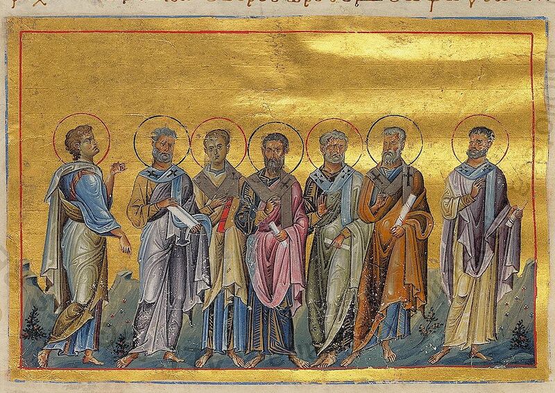 Bestand:Sosthenes, Apollo, Cephas, Tychicus, Epaphroditus, Cæsar and Onesiphorus of 70 disciples (Menologion of Basil II).jpg