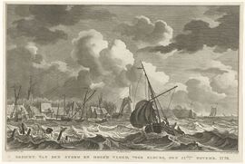 Storm en hoge vloed bij het dorp Elburg op 21 november 1776. Op de voorgrond een schip in nood, waarvan de zeilen worden gehesen. De huizen staan in het water.